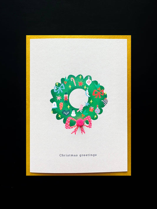 Klappkarte mit Pompons | Weihnachtskranz