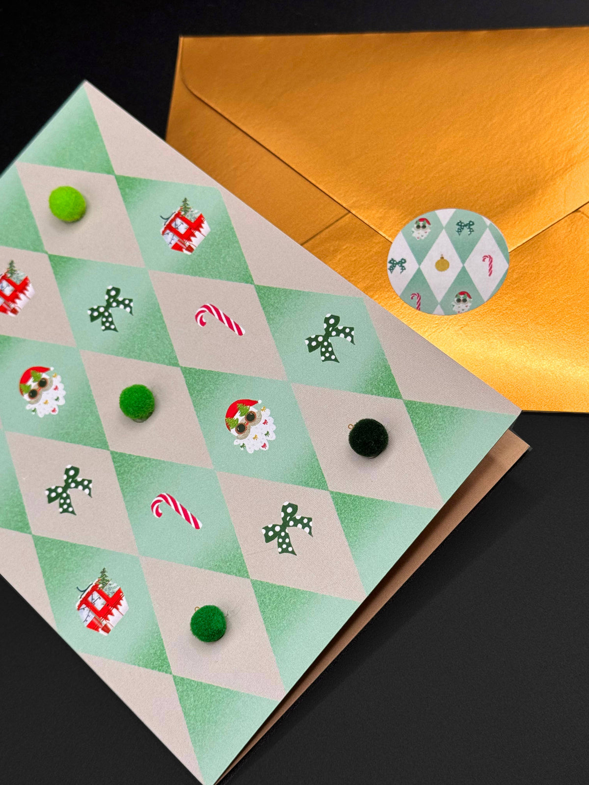 Klappkarte mit Pompons | Diamanten, grün