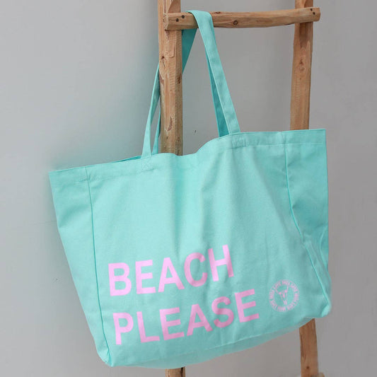 Canvas-Strandtas „Beach Please“ in Türkis/Rosa