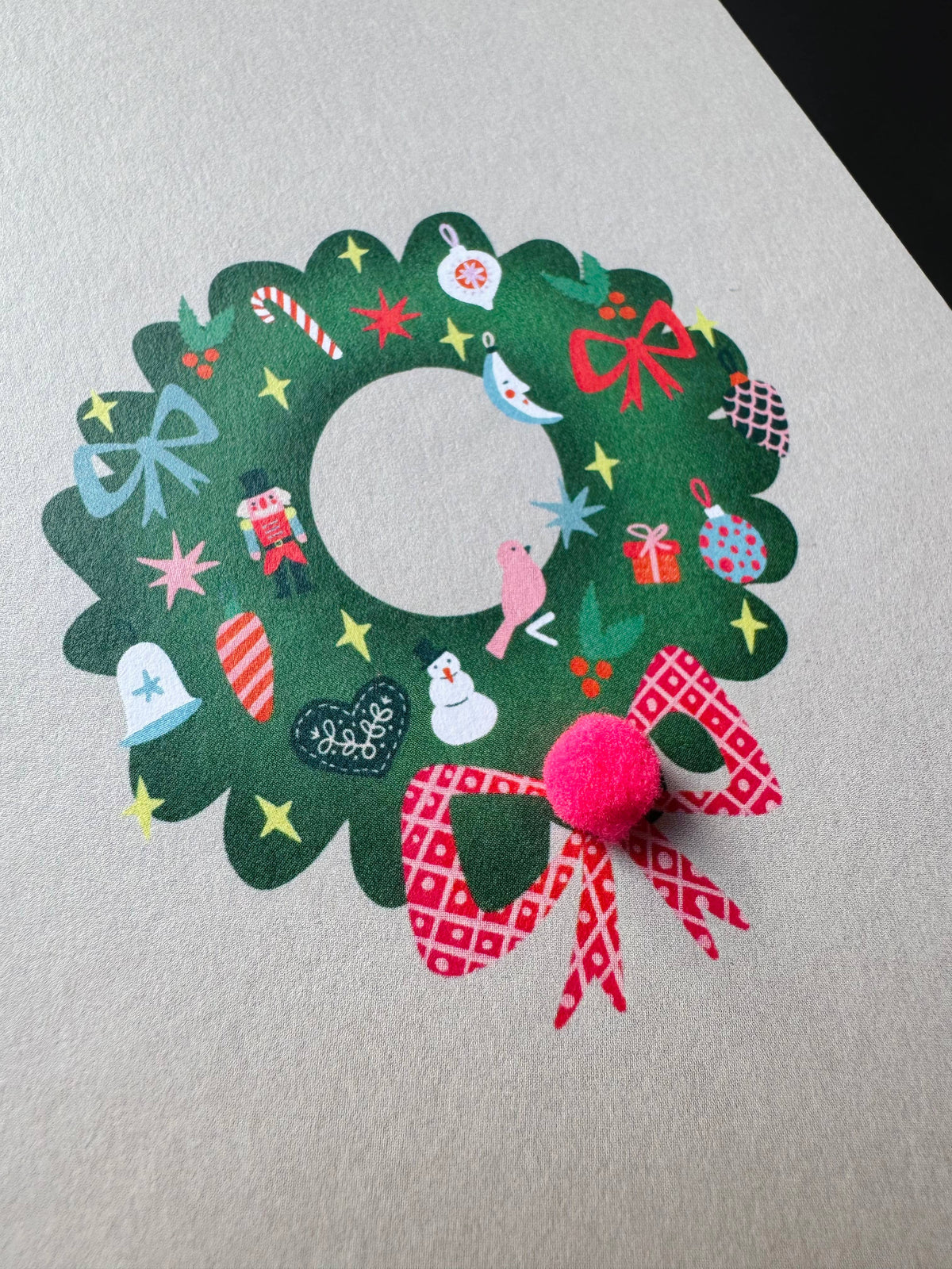 Klappkarte mit Pompons | Weihnachtskranz