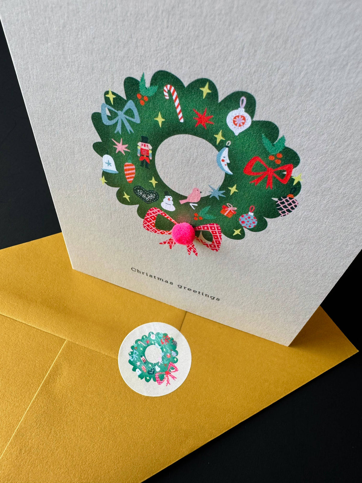 Klappkarte mit Pompons | Weihnachtskranz