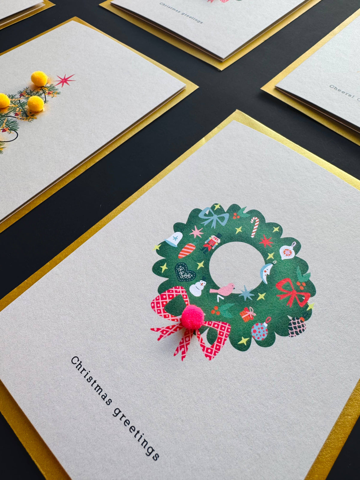 Klappkarte mit Pompons | Weihnachtskranz