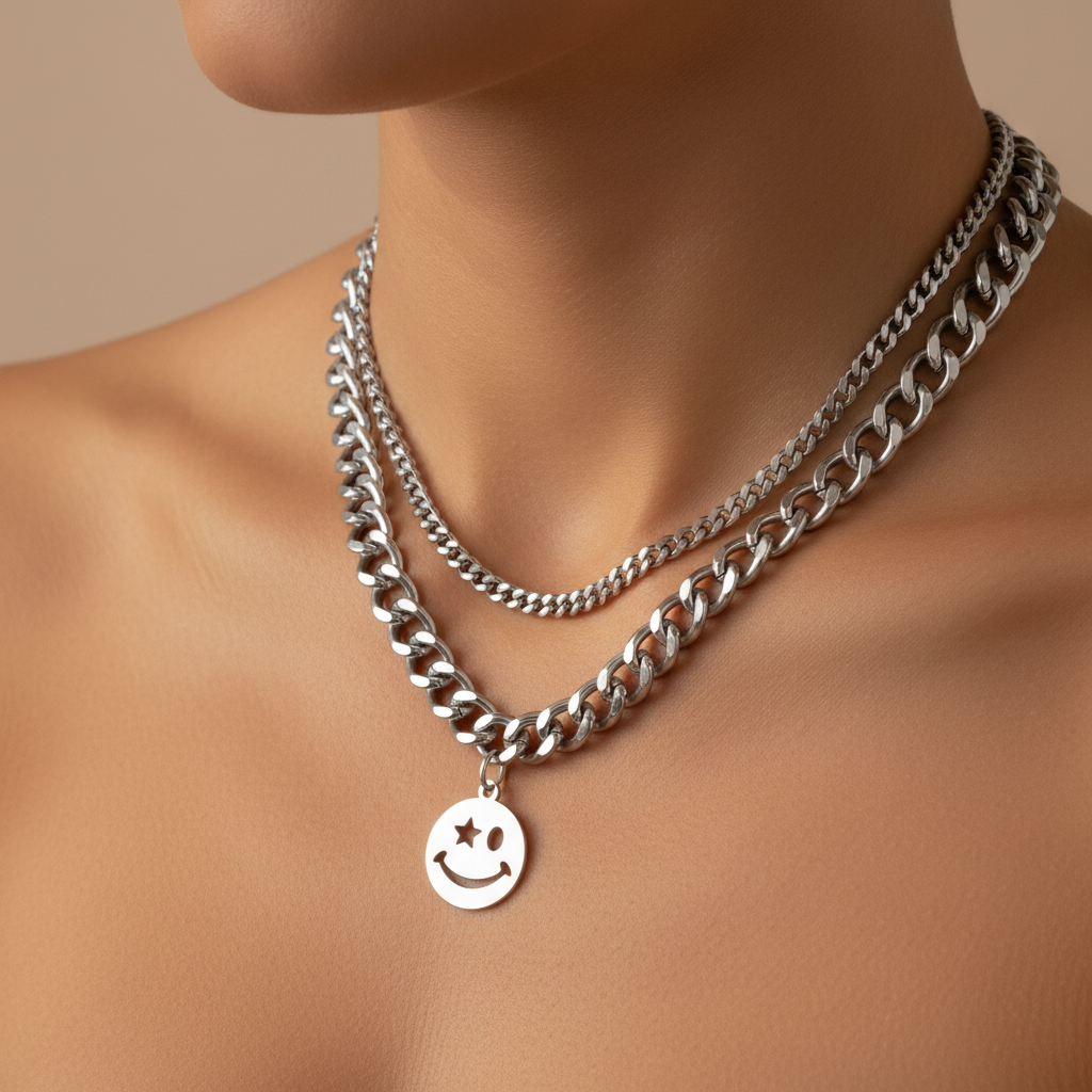 zweireihige Halskette | chunky smiley, versilbert
