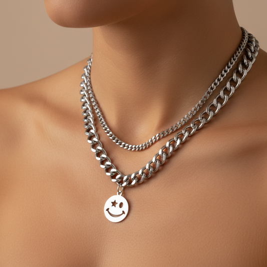 zweireihige Halskette | chunky smiley, versilbert